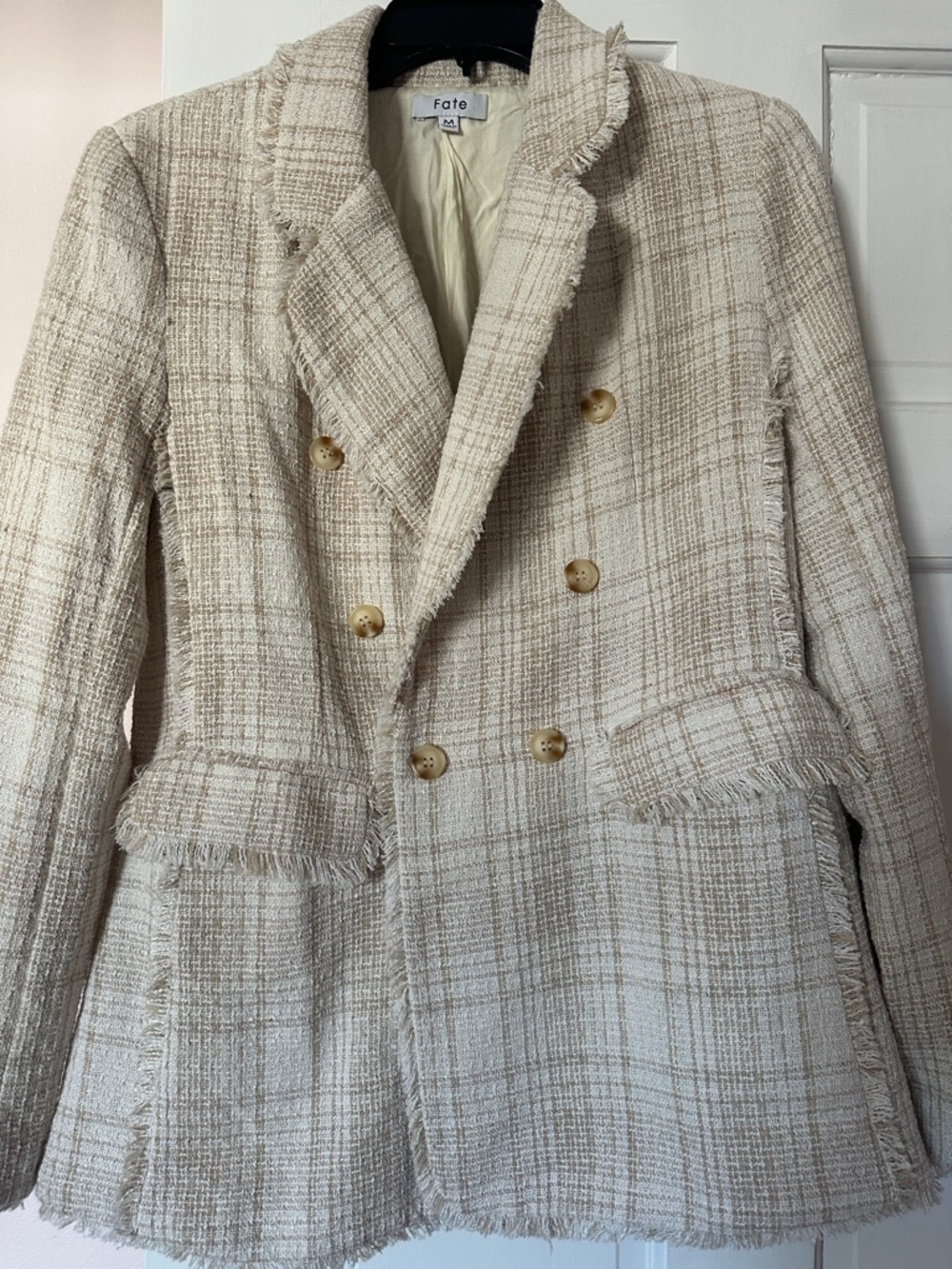 Fate Neutral Plaid Tweed Double-Breasted Blazer